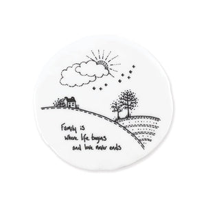 Family Is Where Life Begins – Round Ceramic Coaster | 10cm x 10cm - Give And Glow