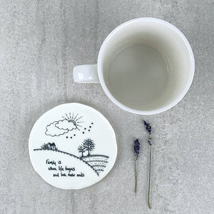 Family Is Where Life Begins – Round Ceramic Coaster | 10cm x 10cm - Give And Glow