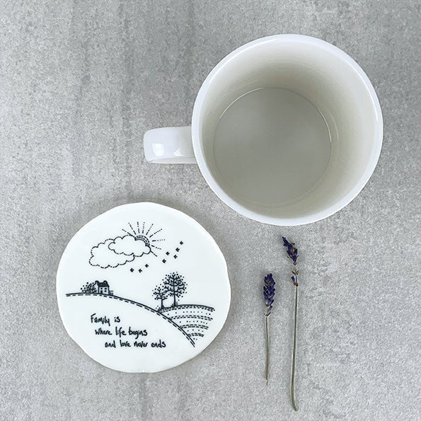 Family Is Where Life Begins – Round Ceramic Coaster | 10cm x 10cm - Give And Glow