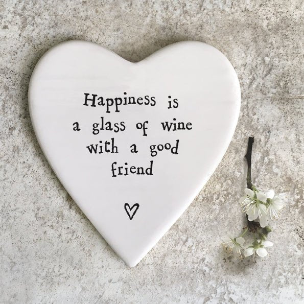 Happiness Is a Glass of Wine – Ceramic Heart Coaster | 10cm x 11cm - Give And Glow