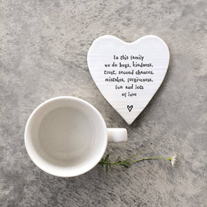 In This Family We Do Love – Ceramic Heart Coaster | 10cm x 11cm - Give And Glow