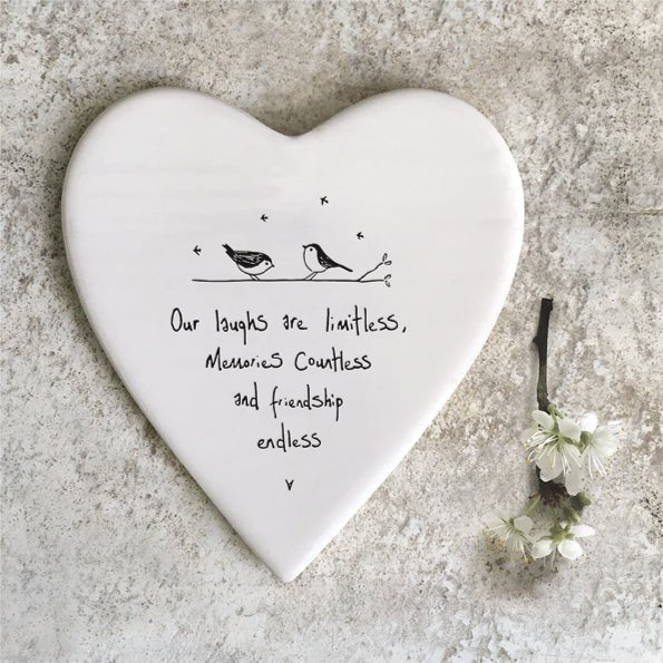 Laughs Are Limitless – Ceramic Heart Coaster | 10cm x 11cm - Give And Glow