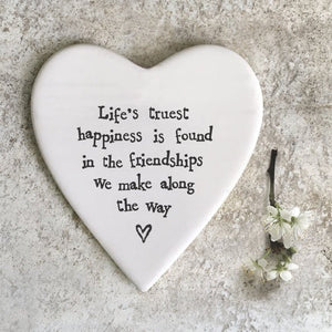 Life’s Truest Happiness – Ceramic Heart Coaster | 10cm x 11cm - Give And Glow
