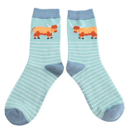 Miss Sparrow Highland Cow & Stripes Socks Duck Egg - Give And Glow