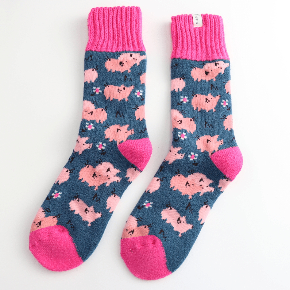 Miss Sparrow Winter Pretty Pigs Socks Navy - Give And Glow
