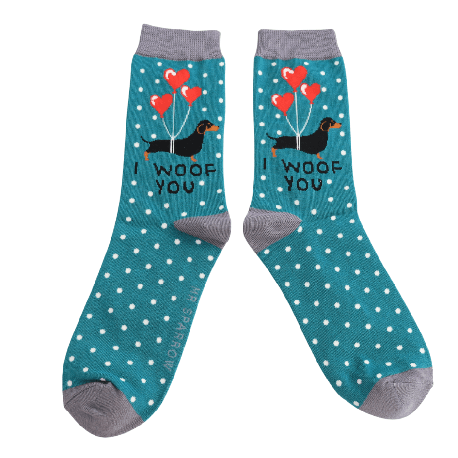Mr Sparrow I Woof You Socks Teal - Give And Glow