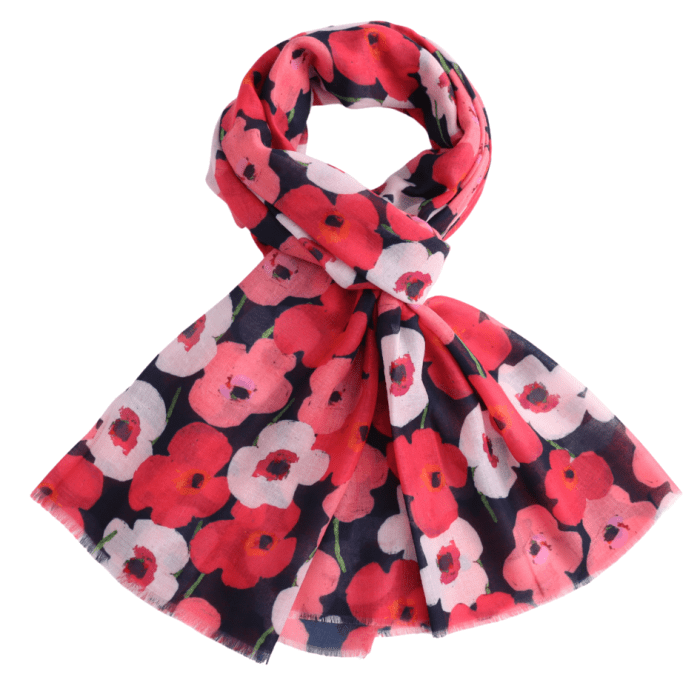 Poppies Scarf Navy | 185cm x 80cm | Lightweight Polyester - Give And Glow