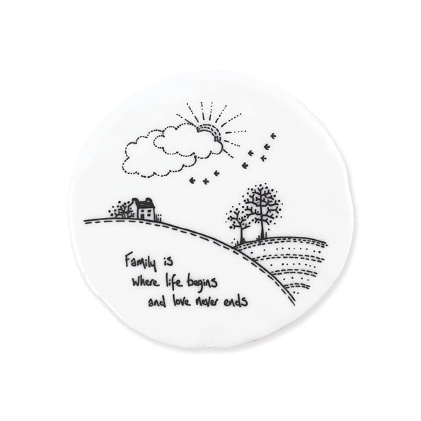 Family Is Where Life Begins – Round Ceramic Coaster | 10cm x 10cm - Give And Glow