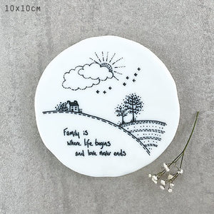 Family Is Where Life Begins – Round Ceramic Coaster | 10cm x 10cm - Give And Glow