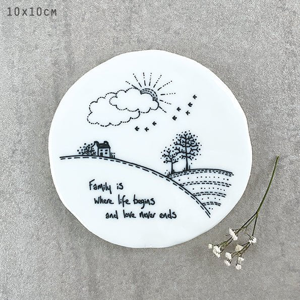 Family Is Where Life Begins – Round Ceramic Coaster | 10cm x 10cm - Give And Glow