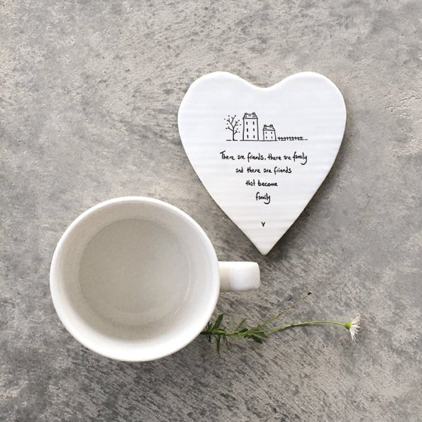 Friends That Become Family – Ceramic Heart Coaster | 10cm x 11cm - Give And Glow
