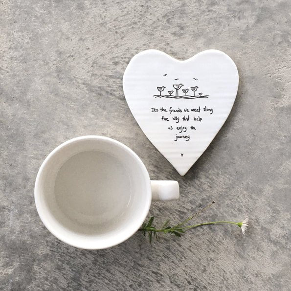 Friends We Meet Along the Way – Ceramic Heart Coaster | 10cm x 11cm - Give And Glow