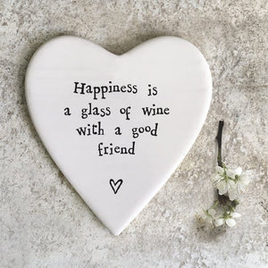 Happiness Is a Glass of Wine – Ceramic Heart Coaster | 10cm x 11cm - Give And Glow