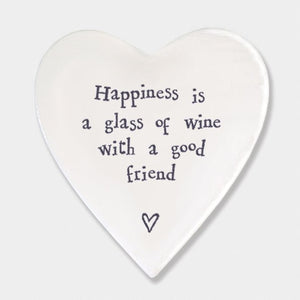 Happiness Is a Glass of Wine – Ceramic Heart Coaster | 10cm x 11cm - Give And Glow