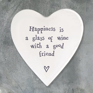 Happiness Is a Glass of Wine – Ceramic Heart Coaster | 10cm x 11cm - Give And Glow