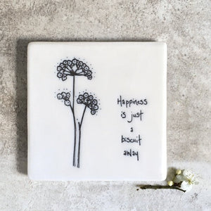 Happiness Is Just a Biscuit Away – Square Ceramic Coaster | 10.5cm - Give And Glow