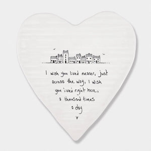 I Wish You Lived Nearer – Ceramic Heart Coaster | 10cm x 11cm - Give And Glow
