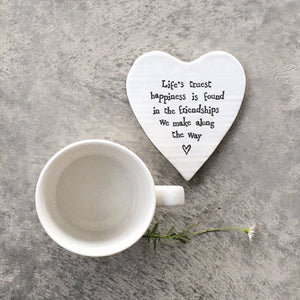 Life’s Truest Happiness – Ceramic Heart Coaster | 10cm x 11cm - Give And Glow