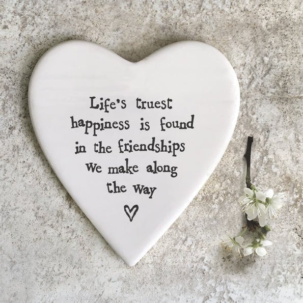 Life’s Truest Happiness – Ceramic Heart Coaster | 10cm x 11cm - Give And Glow