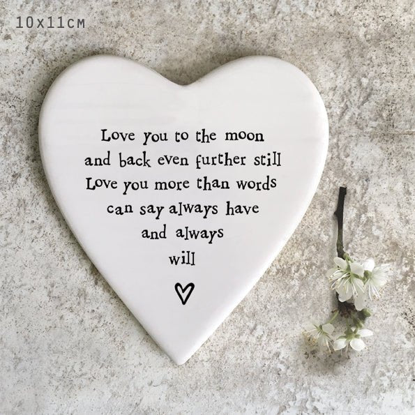 Love You to the Moon and Back – Ceramic Heart Coaster | 10cm x 11cm - Give And Glow