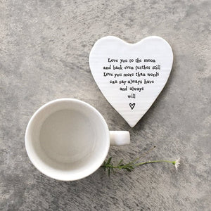 Love You to the Moon and Back – Ceramic Heart Coaster | 10cm x 11cm - Give And Glow