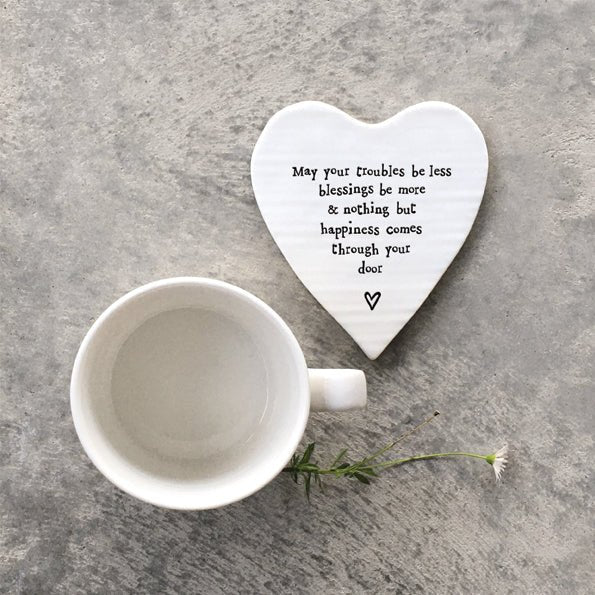 May Your Troubles Be Less – Ceramic Heart Coaster | 10cm x 11cm - Give And Glow