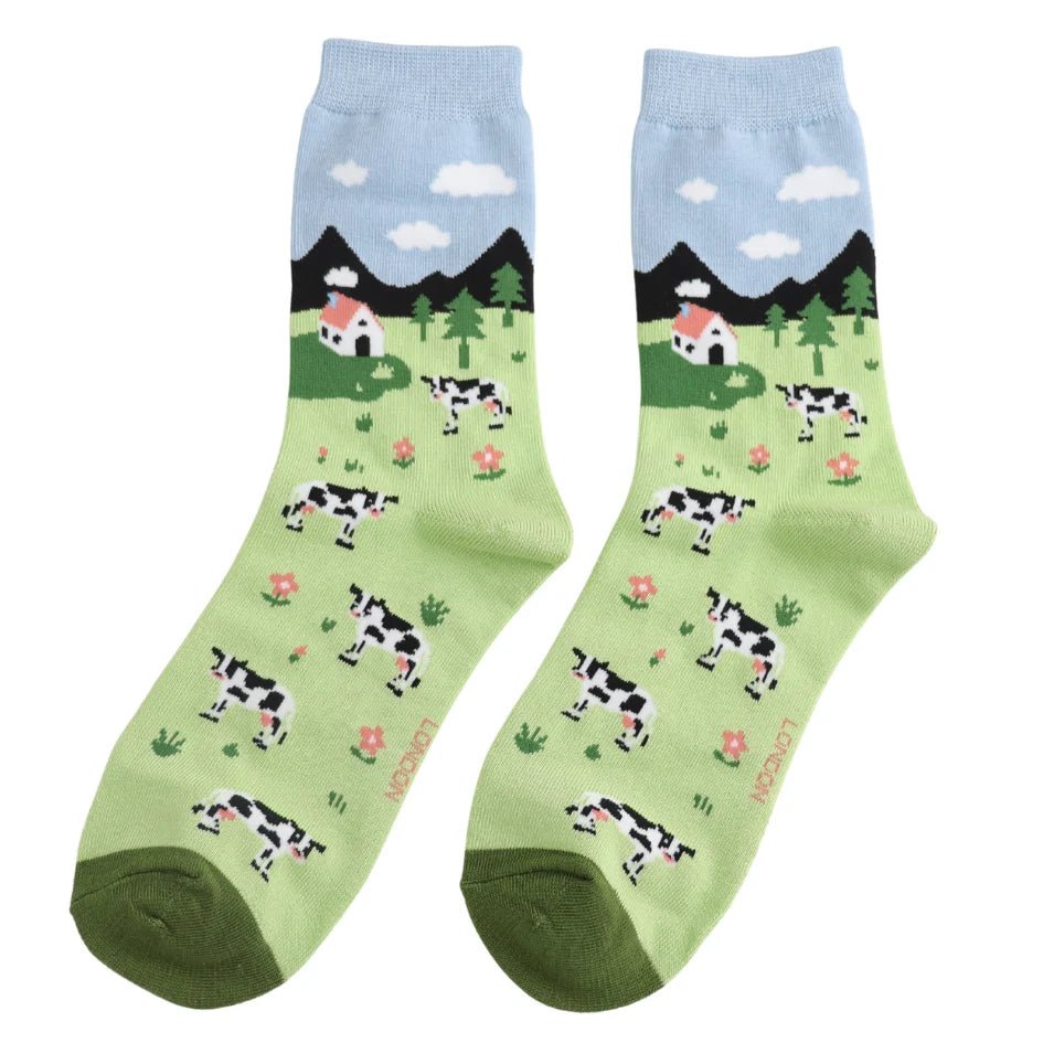 Miss Sparrow Bamboo Cows in the Field Women's Socks Sky Blue - Give And Glow