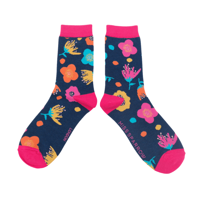 Miss Sparrow Bamboo Modern Floral Women's Socks Navy - Give And Glow