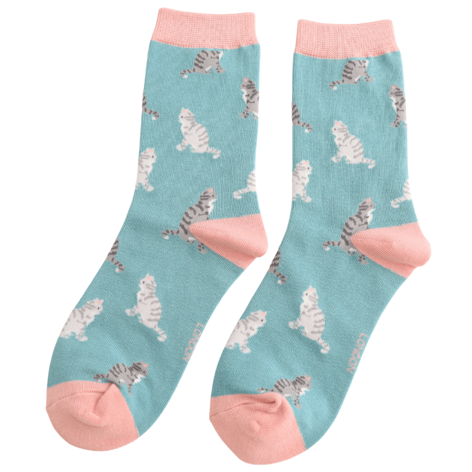 Miss Sparrow Bamboo Tabby Cats Women's Socks Duck Egg - Give And Glow