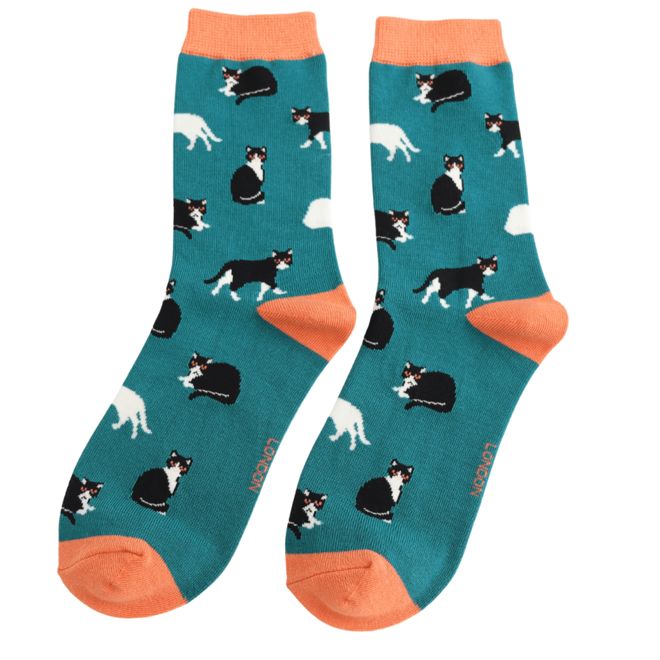 Miss Sparrow Black & White Cats Socks Teal - Give And Glow