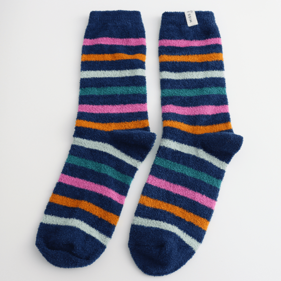 Miss Sparrow Fluffy Stripes Socks Navy - Give And Glow