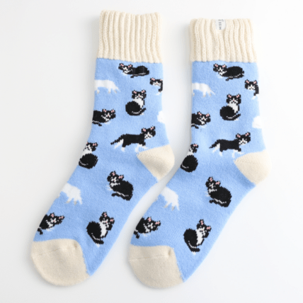 Miss Sparrow Winter Black & White Cats Socks Powder Blue - Give And Glow