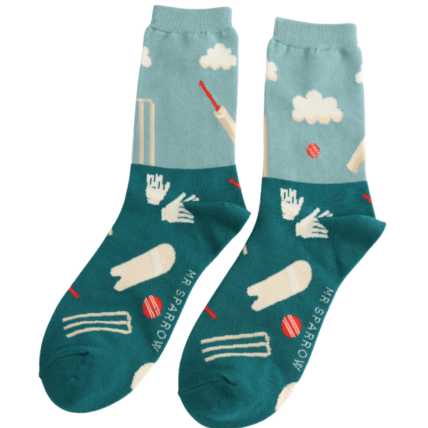Mr Sparrow Cricket Scene Socks Teal - Give And Glow