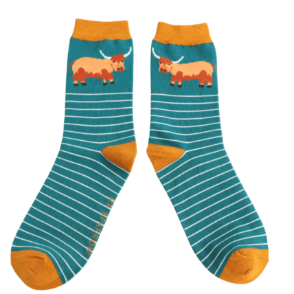 Mr Sparrow Highland Cow & Stripes Socks Teal - Give And Glow