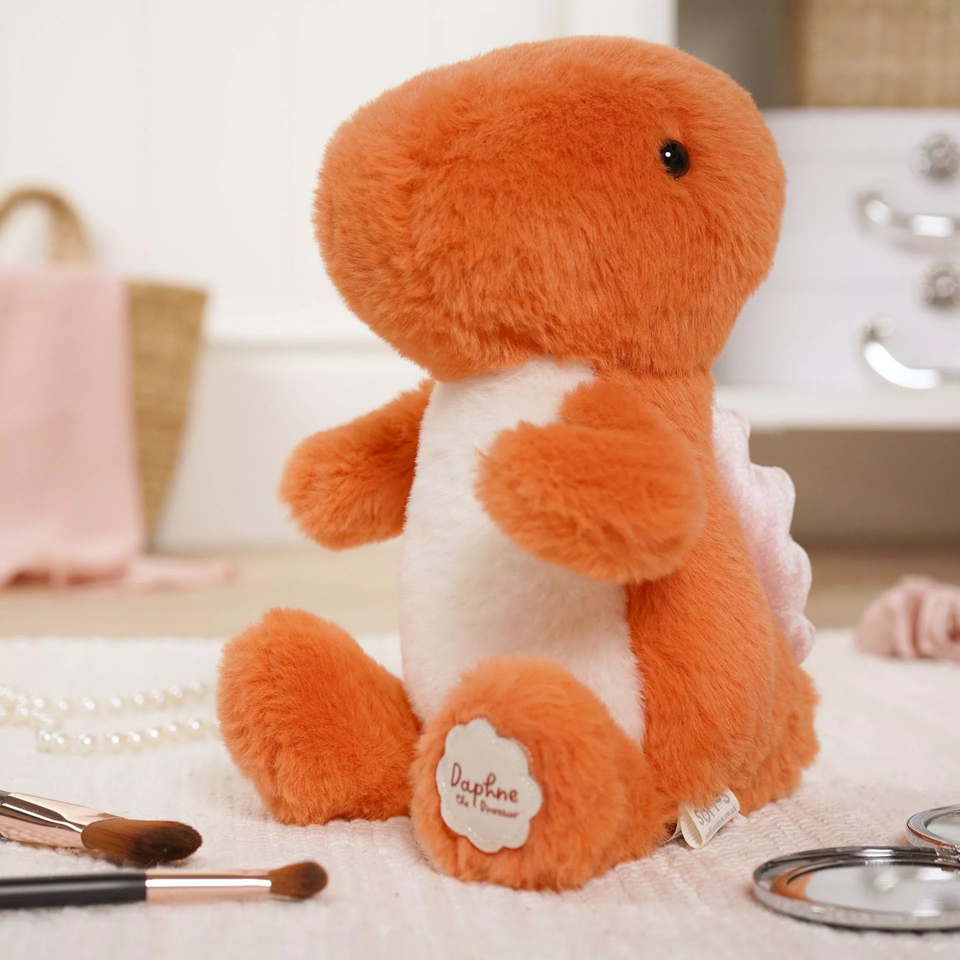 Softies Daphne the Plush Sitting Orange Dinosaur – 21cm - Give And Glow