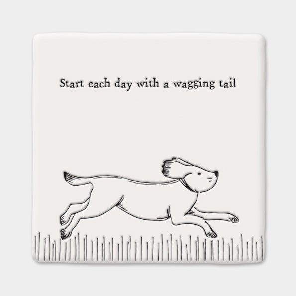 Start Each Day With a Wagging Tail – Square Ceramic Coaster | 10.5cm - Give And Glow