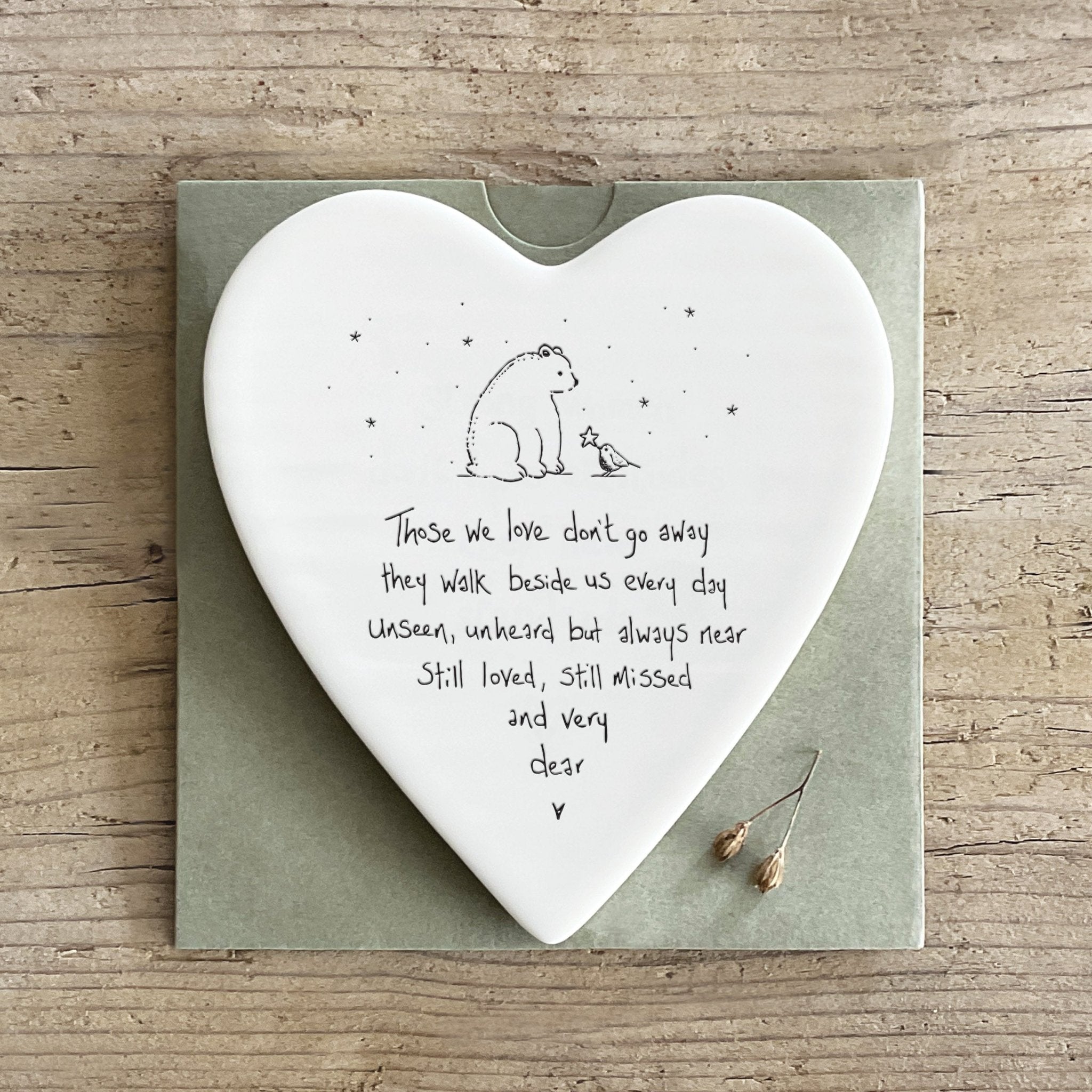 Those We Love Don’t Go Away – Ceramic Heart Coaster | 10cm x 11cm - Give And Glow
